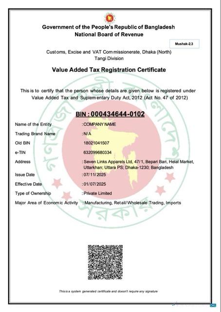 Bangladesh Value Added Tax registration certificate Word and PDF template